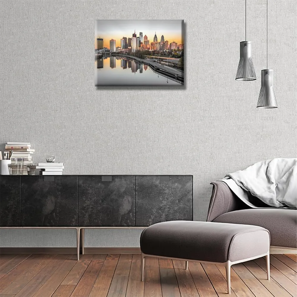 1 Panel Canvas Wall Art - Schuylkill River Night Scene Black and White Philadelphia Cityscape for Living Room Decor - City Skyline Paintings Framed Ready to Hang 12x16 Inch