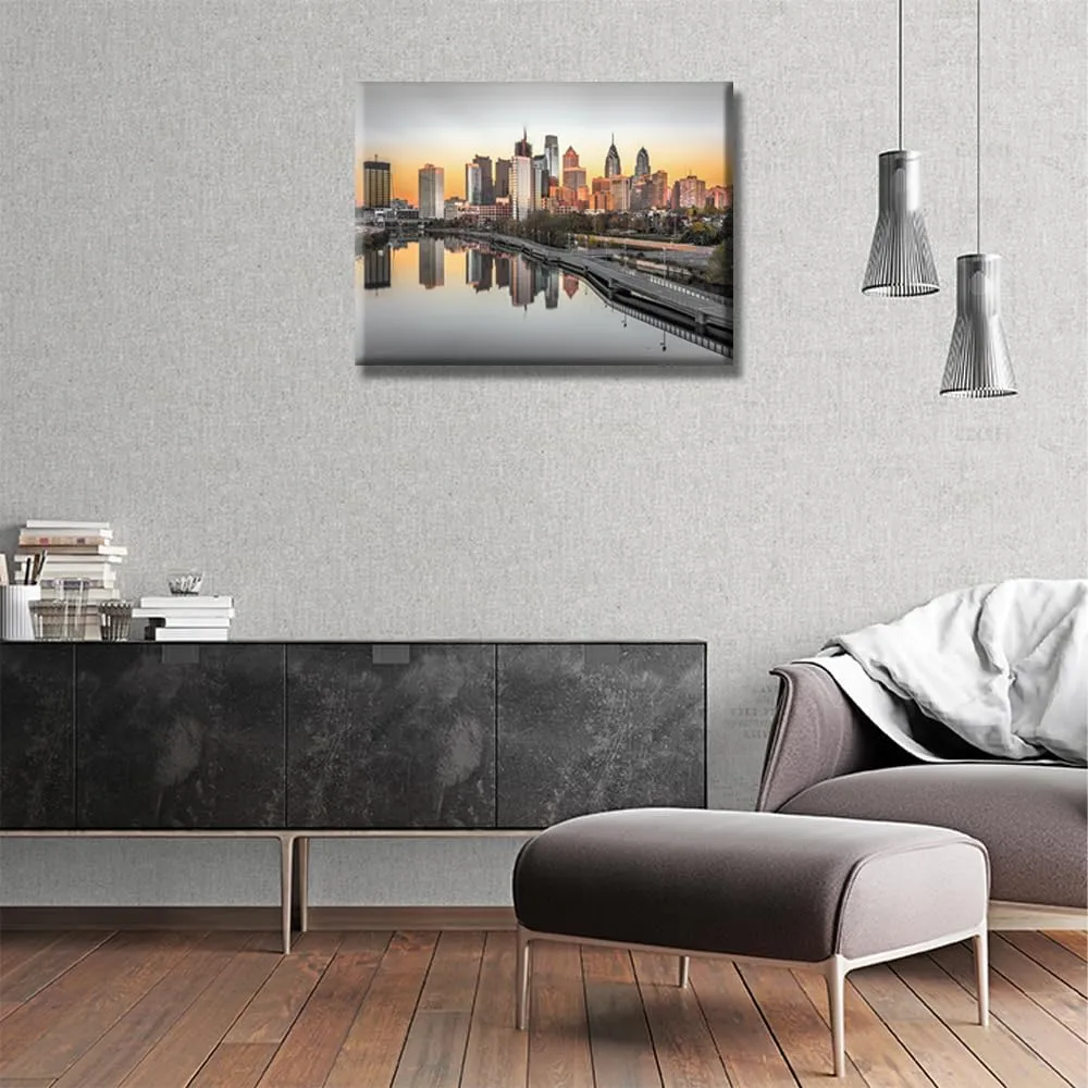 1 Panel Canvas Wall Art - Schuylkill River Night Scene Black and White Philadelphia Cityscape for Living Room Decor - City Skyline Paintings Framed Ready to Hang 12x16 Inch