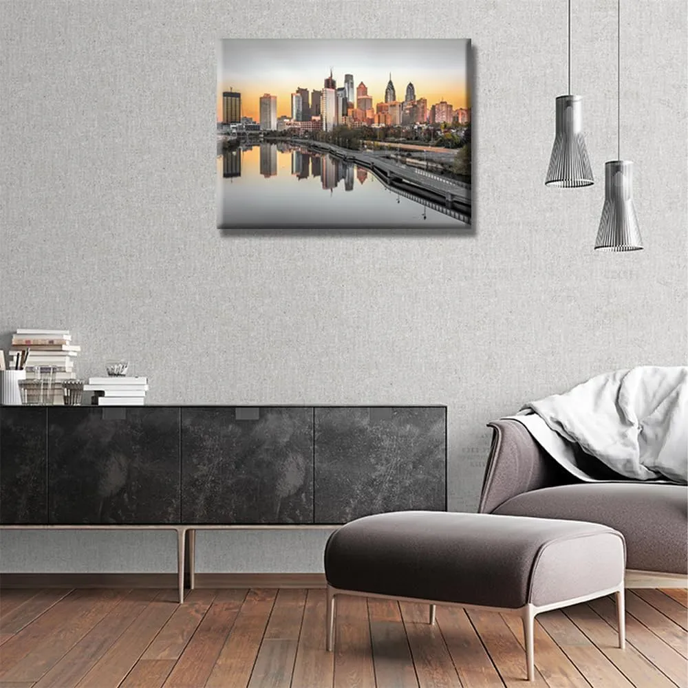 1 Panel Canvas Wall Art - Schuylkill River Night Scene Black and White Philadelphia Cityscape for Living Room Decor - City Skyline Paintings Framed Ready to Hang 12x16 Inch