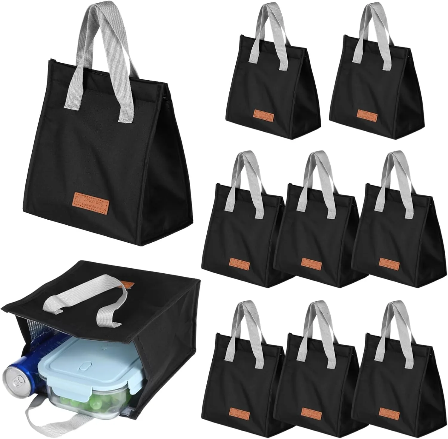 10 Pack Insulated Lunch Bags Bulk - Reusable Leakproof Lunch Tote with Aluminum Foil, Large Lunch Box Container for Women & Men, Office, School, Work, Beach, Travel - Black
