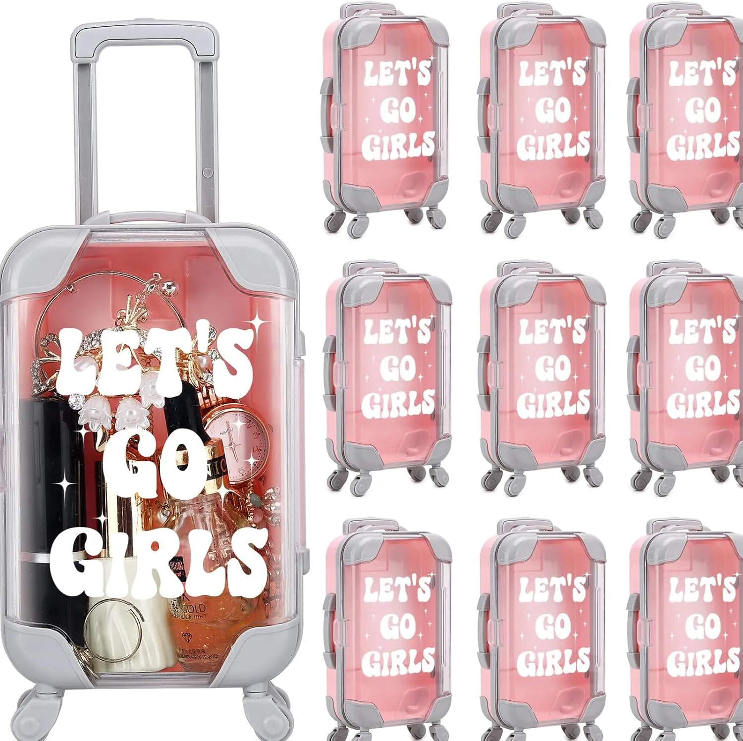 10 Pack Mini Suitcase Party Favor Gift Box Plastic Gift Box False Eyelashes Miniature Luggage for Travel Wedding Bachelorette Party Bridesmaid Bridal Shower Favors Decorations (Let's Go Girls)