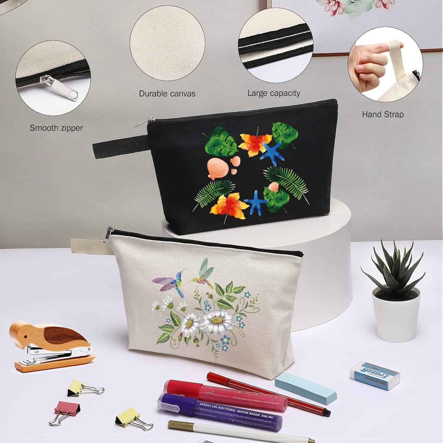 10 Pieces Cotton Canvas Makeup Bag with Bottom, Multi Purpose Cosmetic Bag with Zipper MN-WB07 Wb07