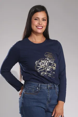 100% Cotton Top | Gold foil Flower/Navy | 3404B1