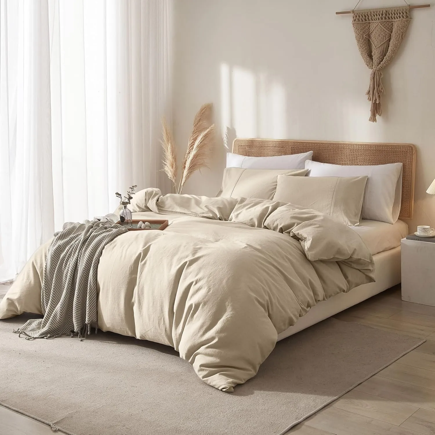 100% Linen Duvet Cover, Pure French Flax Linen Duvet Cover King, Breathable Soft Durable Luxury with 8 Corner Ties and Zipper Closure - Nature Linen 3 Pieces (1 Duvet Cover 2 Pillowcases)