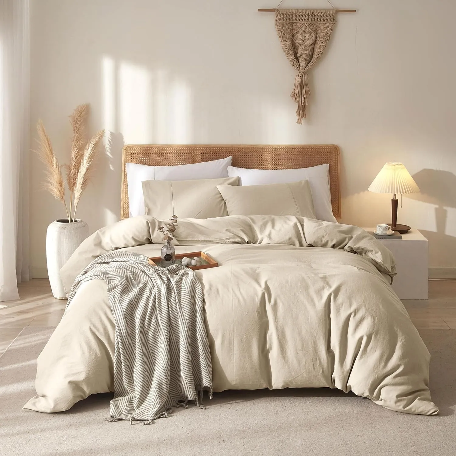 100% Linen Duvet Cover, Pure French Flax Linen Duvet Cover King, Breathable Soft Durable Luxury with 8 Corner Ties and Zipper Closure - Nature Linen 3 Pieces (1 Duvet Cover 2 Pillowcases)
