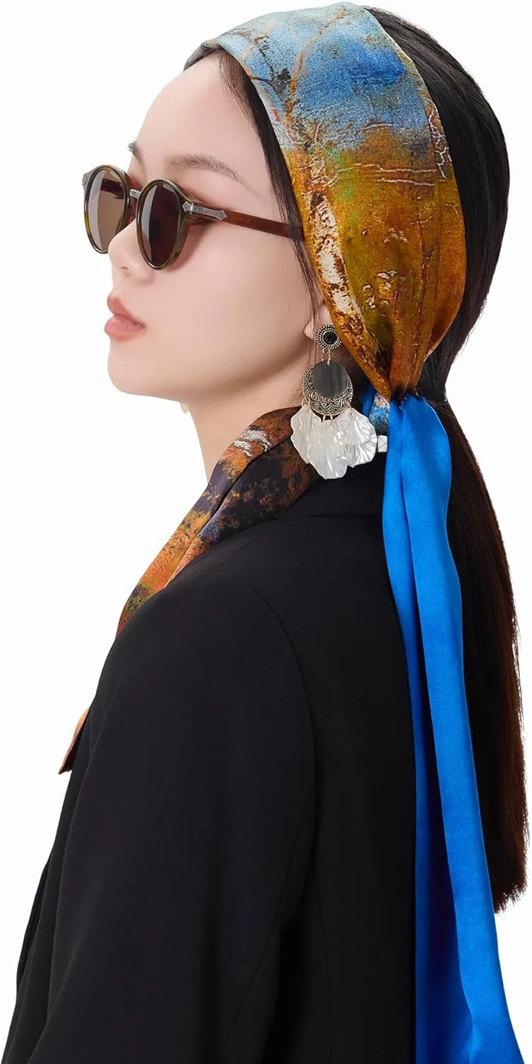 100% Mulberry Silk Double-Sided Dual Print Long Neck Scarf Hair Wrap Handbag Handle Ribbon Gift Wrapped for Women