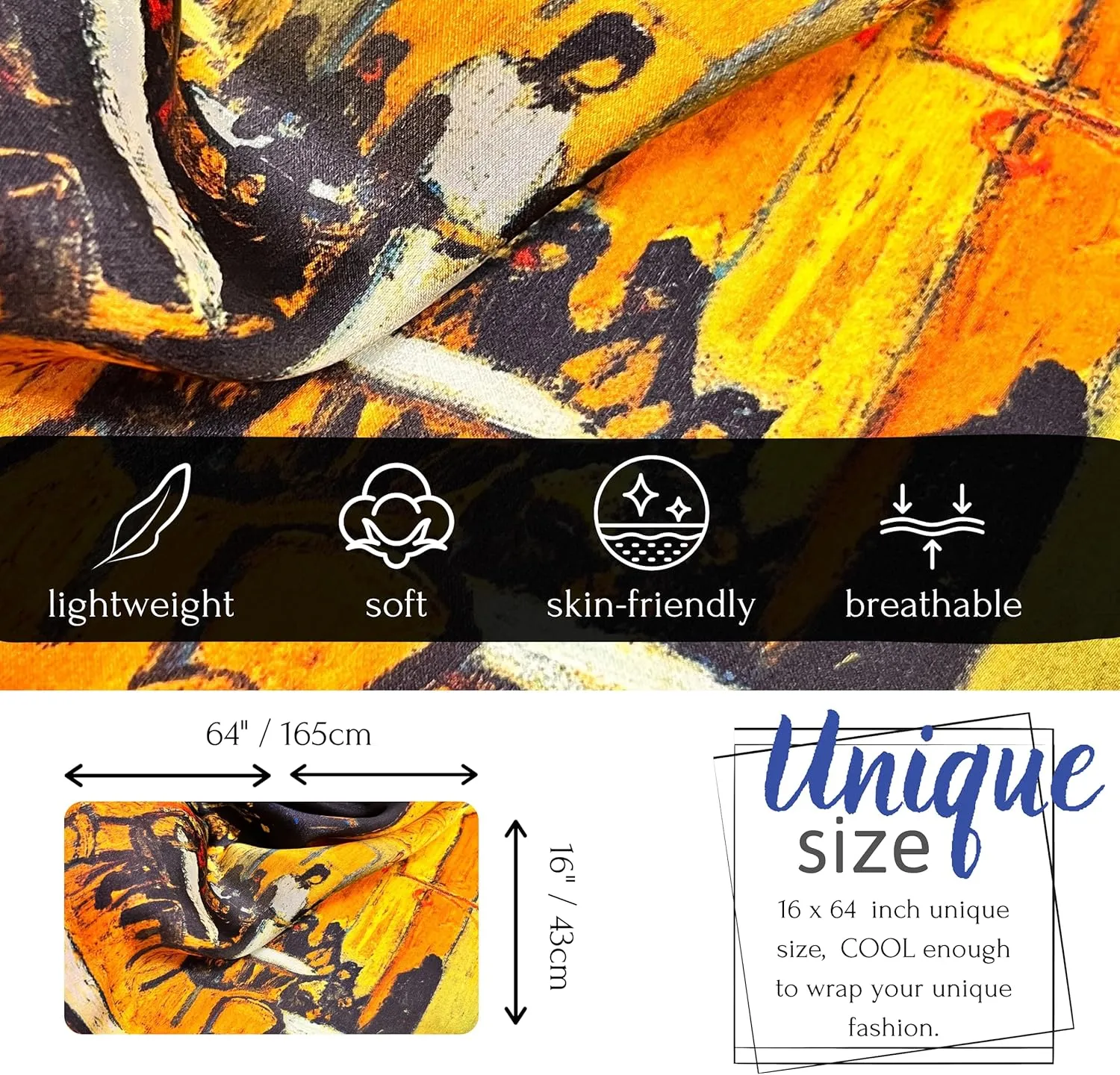 100% Mulberry Silk Scarf for Women, Silk Hair Scarf, Famous Art Design Silk Head Scarf Printed 16"x64"