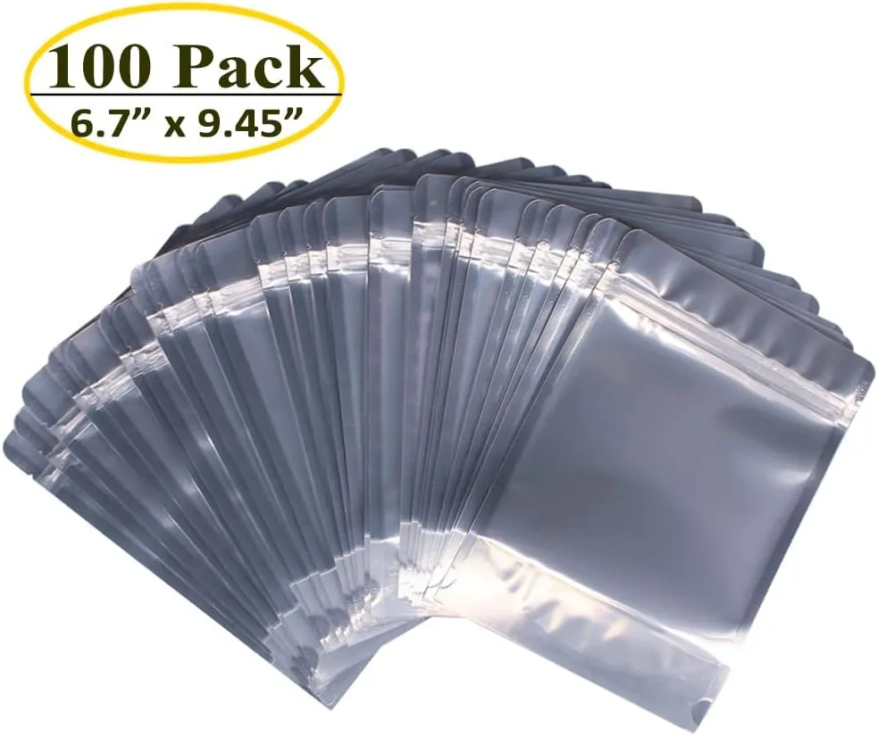 100 Pack 6.7 x 9.45 Inch Stand Up Pouch Bags Zipper Mylar Bags Clear Front with Aluminum Foil Back Reusable Food Storage Bags for Multipurpose with Gusset Bottom(5.5mil Thickness)
