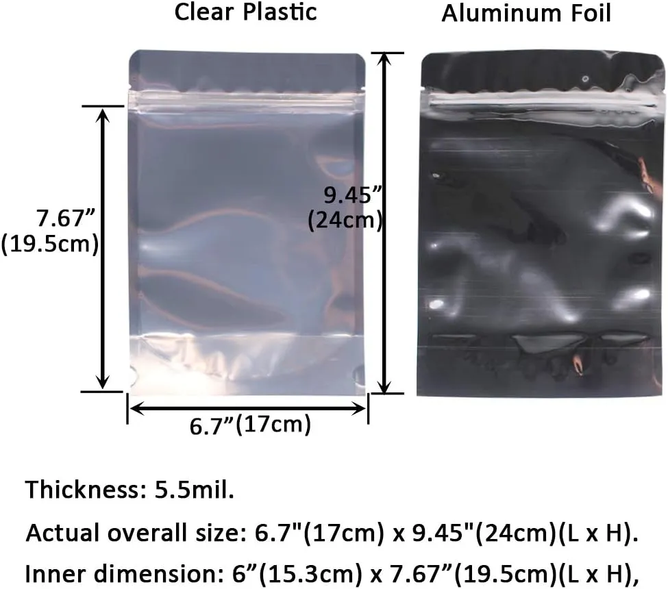 100 Pack 6.7 x 9.45 Inch Stand Up Pouch Bags Zipper Mylar Bags Clear Front with Aluminum Foil Back Reusable Food Storage Bags for Multipurpose with Gusset Bottom(5.5mil Thickness)