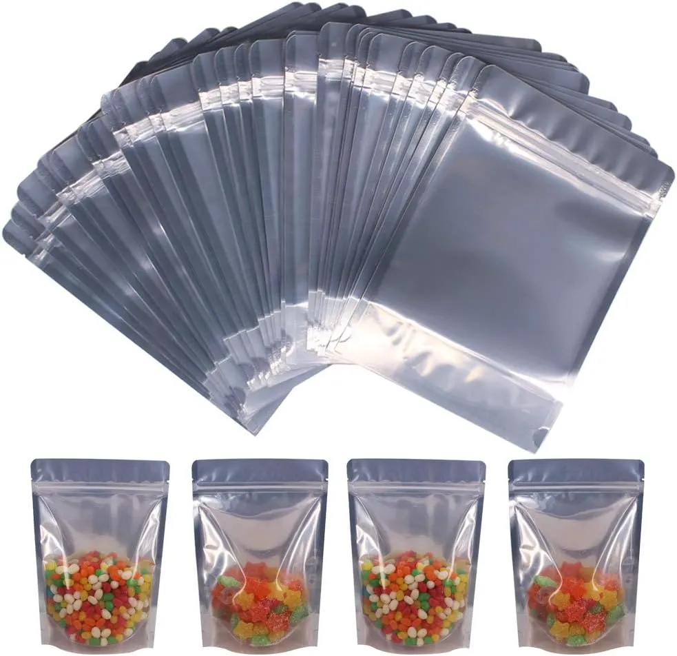 100 Pack 6.7 x 9.45 Inch Stand Up Pouch Bags Zipper Mylar Bags Clear Front with Aluminum Foil Back Reusable Food Storage Bags for Multipurpose with Gusset Bottom(5.5mil Thickness)