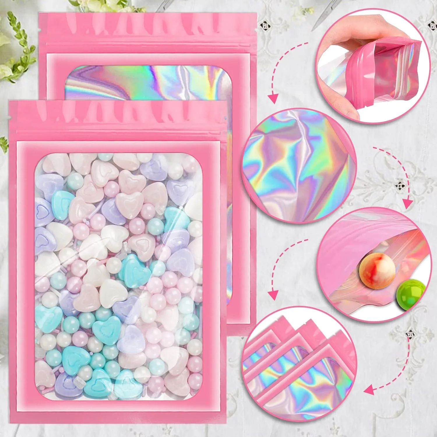 100 Pack Holographic Bags,Smell Proof Packaging Bags, Clear Window Resealable Odor Foil Pouch Mylar Bags for Food Storage and Lipgloss, Jewelry Lash (Pink, 4 x 6 Inch)