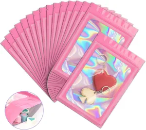 100 Pack Holographic Bags,Smell Proof Packaging Bags, Clear Window Resealable Odor Foil Pouch Mylar Bags for Food Storage and Lipgloss, Jewelry Lash (Pink, 4 x 6 Inch)