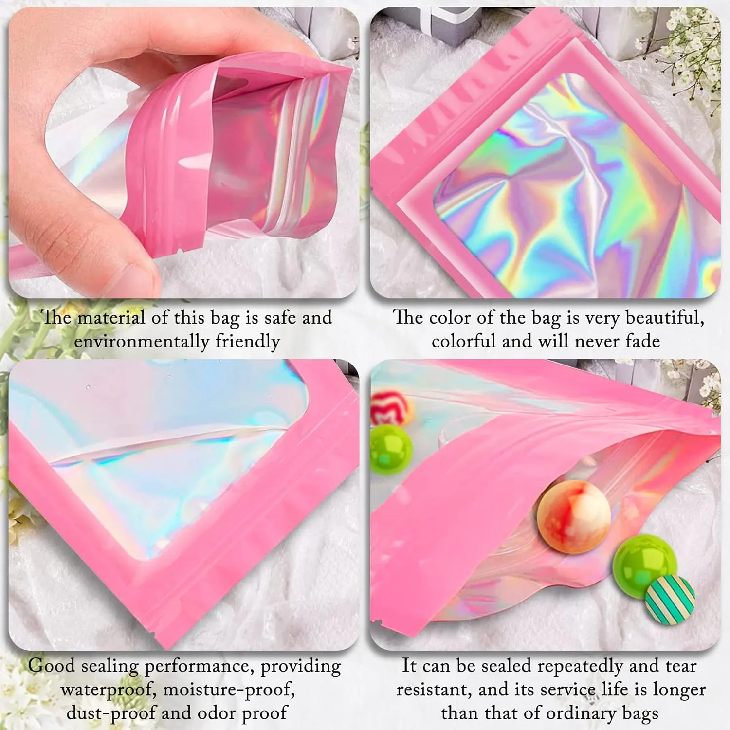100 Pack Holographic Bags,Smell Proof Packaging Bags, Clear Window Resealable Odor Foil Pouch Mylar Bags for Food Storage and Lipgloss, Jewelry Lash (Pink, 4 x 6 Inch)
