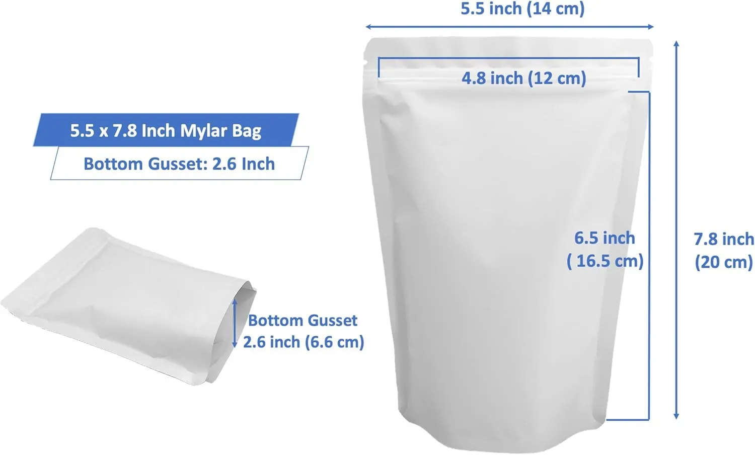 100 Pack Matte White Mylar Stand Up Bags - 5.5x7.8 Inches Resealable Smell Proof Packaging Pouch, Sealable Foil Zipper Bag for Food Storage, Sample Pouches