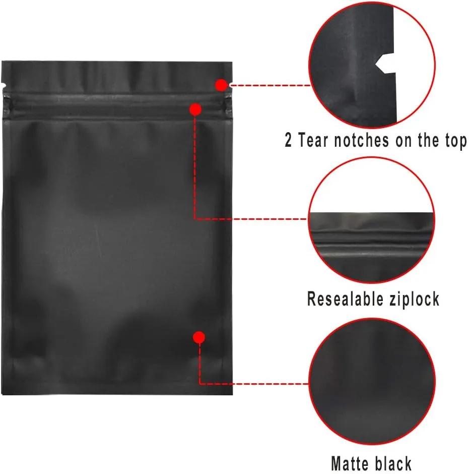 100 Pack Mylar Bags 4 x 6 Inch Resealable Smell Proof Bags Foil Pouch Bag Flat Bag Matte Black