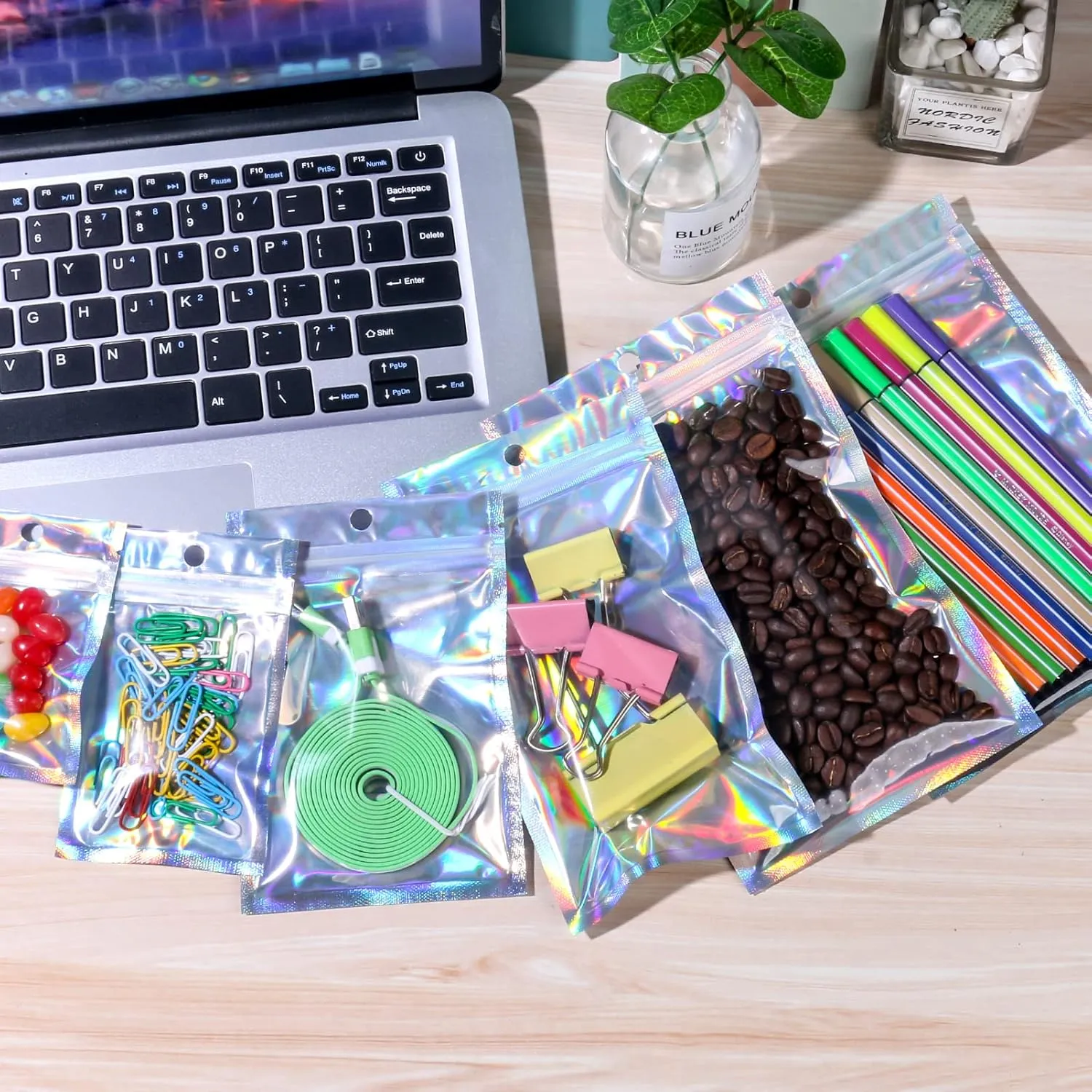 100 Pack Resealable Mylar Bags Smell Proof Pouch Aluminum Foil Packaging Plastic Ziplock Bag,Big Mylar Storage Bags For Candy,Jewelry,Screw,Holographic Rainbow Color,5.5 x 7.9 inch