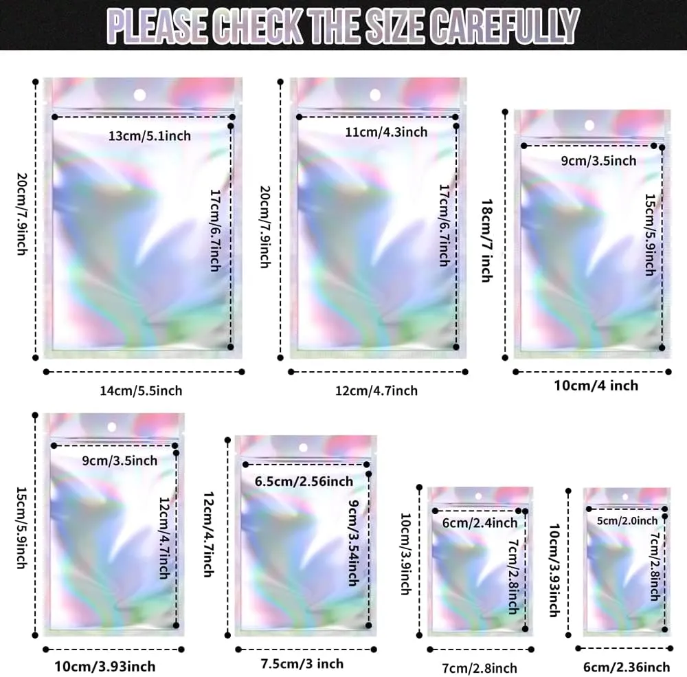 100 Pack Resealable Mylar Bags Smell Proof Pouch Aluminum Foil Packaging Plastic Ziplock Bag,Big Mylar Storage Bags For Candy,Jewelry,Screw,Holographic Rainbow Color,5.5 x 7.9 inch