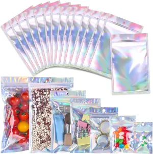 100 Pack Resealable Mylar Bags Smell Proof Pouch Aluminum Foil Packaging Plastic Ziplock Bag,Big Mylar Storage Bags For Candy,Jewelry,Screw,Holographic Rainbow Color,5.5 x 7.9 inch