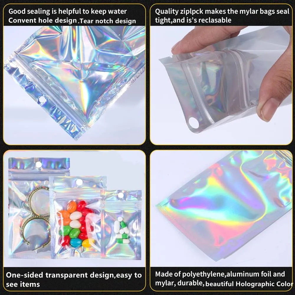 100 Pack Resealable Mylar Bags Smell Proof Pouch Aluminum Foil Packaging Plastic Ziplock Bag,Big Mylar Storage Bags For Candy,Jewelry,Screw,Holographic Rainbow Color,5.5 x 7.9 inch