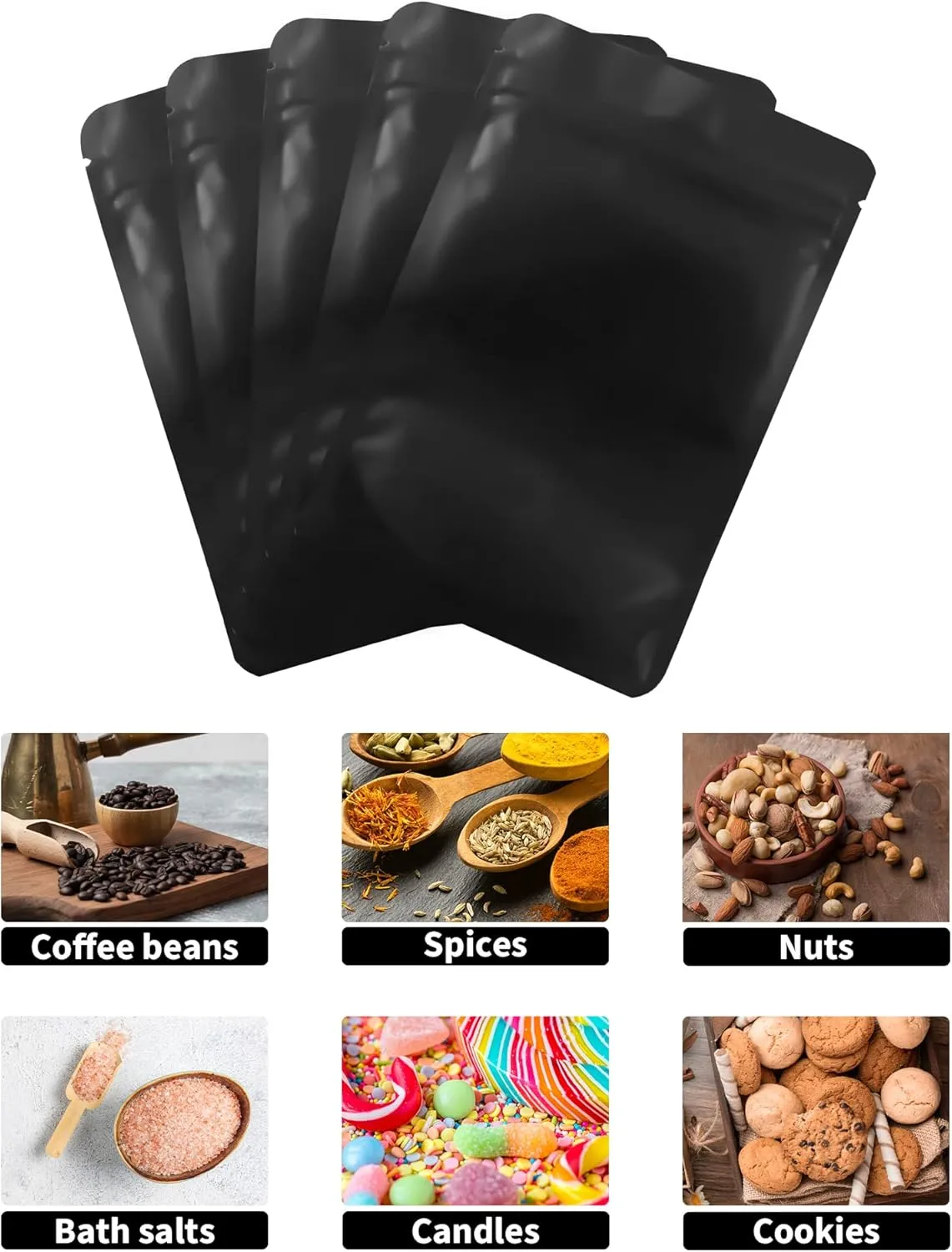 100 Pack Resealable Stand Up Bags,6.3" x 9.4"Smell Proof Pouch Sealable Foil Pouch Bags for Packaging (Black)