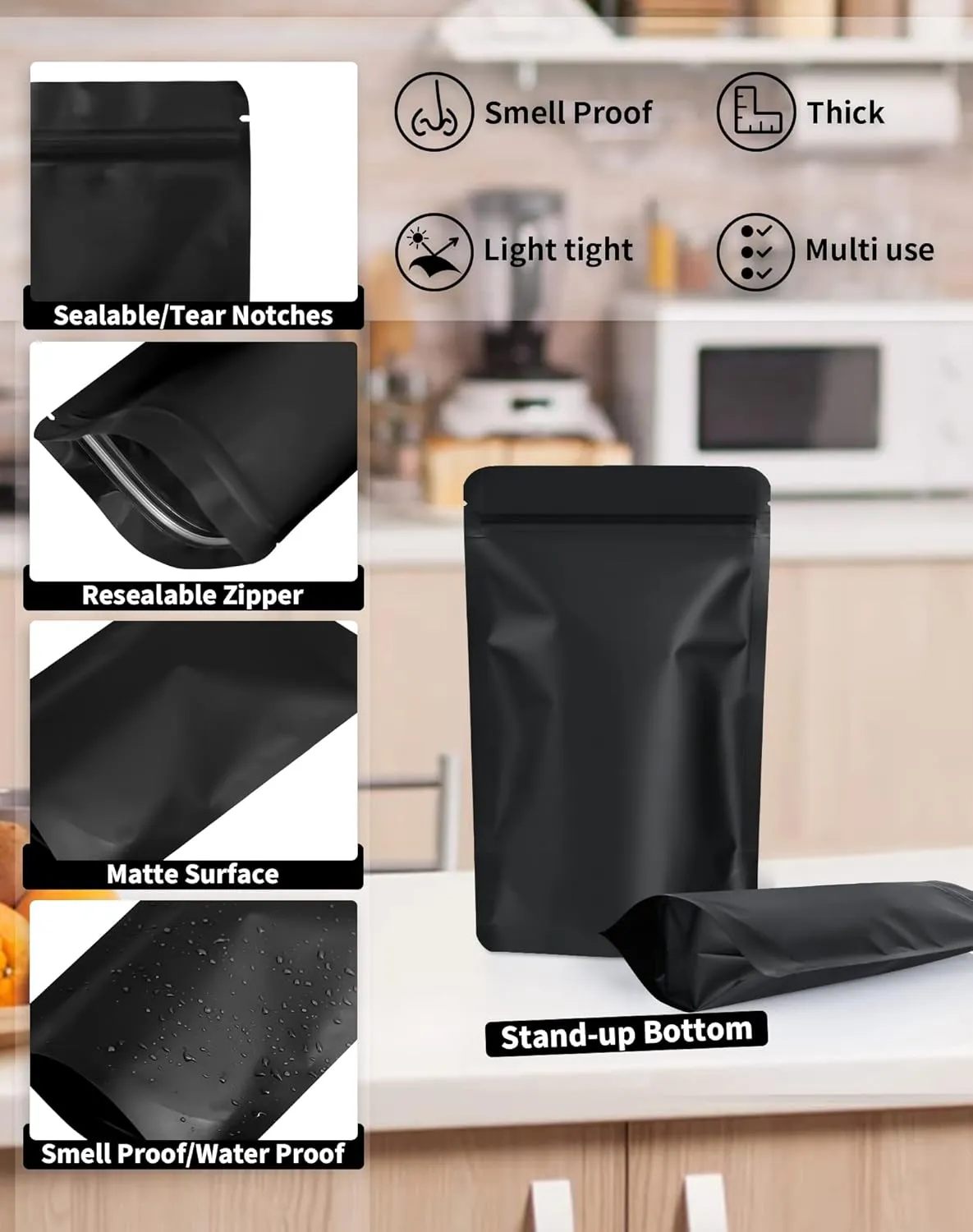 100 Pack Resealable Stand Up Bags,6.3" x 9.4"Smell Proof Pouch Sealable Foil Pouch Bags for Packaging (Black)