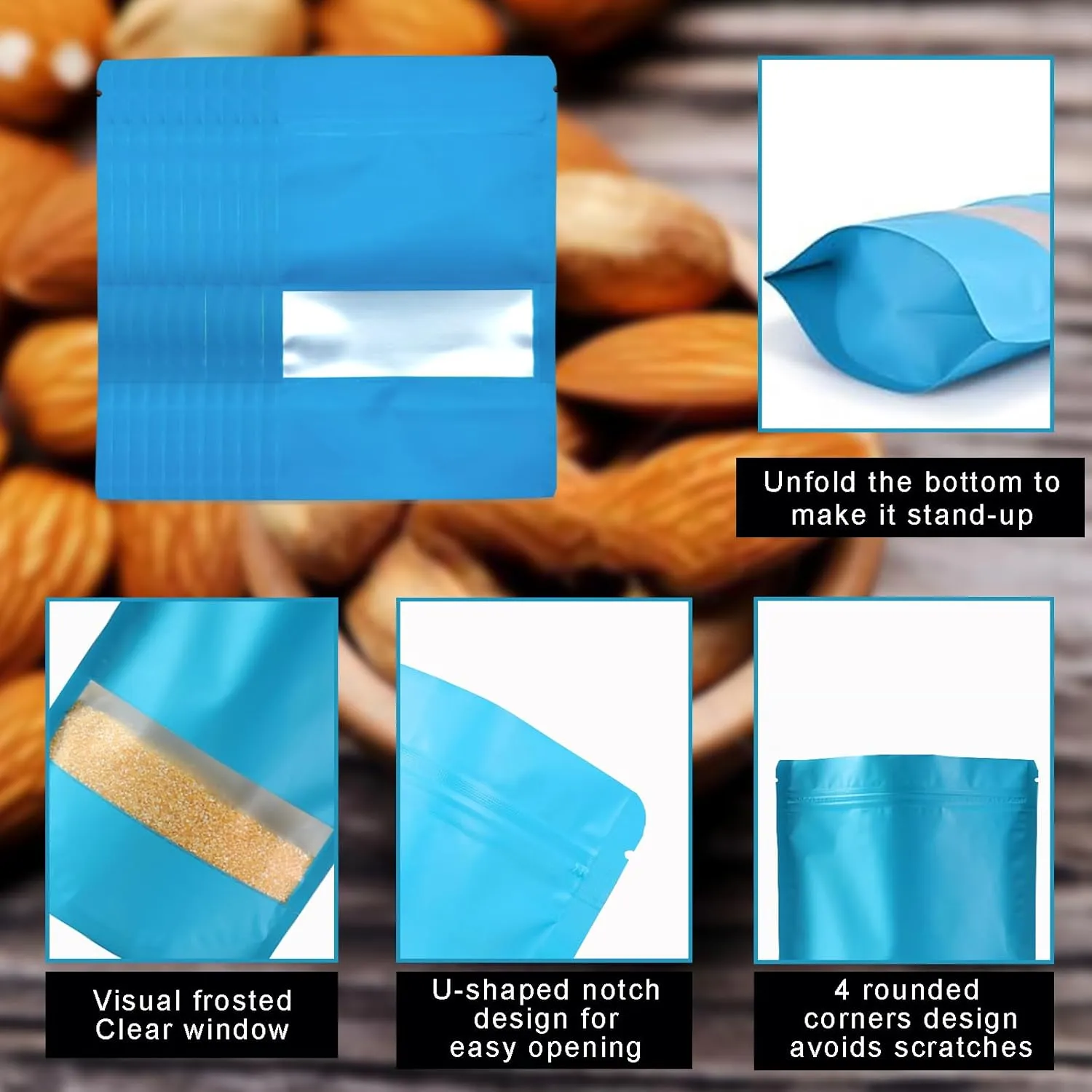 100 Pcs Resealable Bags, Smell Proof Bags with Ziplock and Matter Window, Stand-up Foil Pouch Bags Assorted Sizes (Blue, 5.5“ x 7.8")