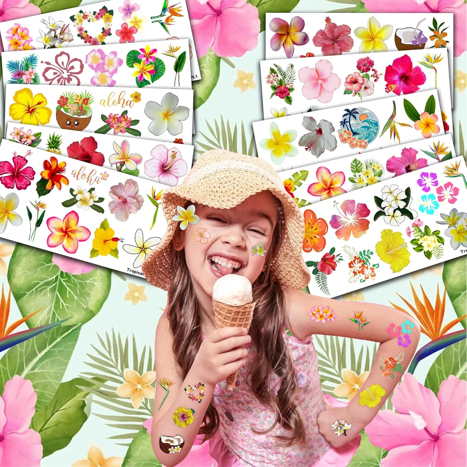 100 PCS Tropical Flower Hawaiian Temporary Tattoos Themed Birthday Party Decorations Favors Supplies Décor Cute Hibiscus Plumeria Hawaii Luau Tattoo Stickers Gifts For Game Boys Girls Classroom School