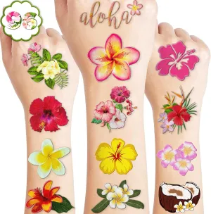 100 PCS Tropical Flower Hawaiian Temporary Tattoos Themed Birthday Party Decorations Favors Supplies Décor Cute Hibiscus Plumeria Hawaii Luau Tattoo Stickers Gifts For Game Boys Girls Classroom School