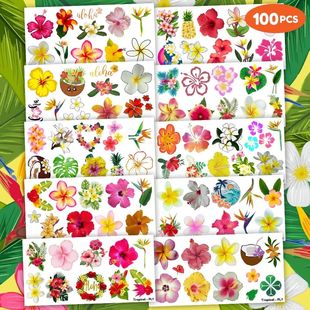 100 PCS Tropical Flower Hawaiian Temporary Tattoos Themed Birthday Party Decorations Favors Supplies Décor Cute Hibiscus Plumeria Hawaii Luau Tattoo Stickers Gifts For Game Boys Girls Classroom School
