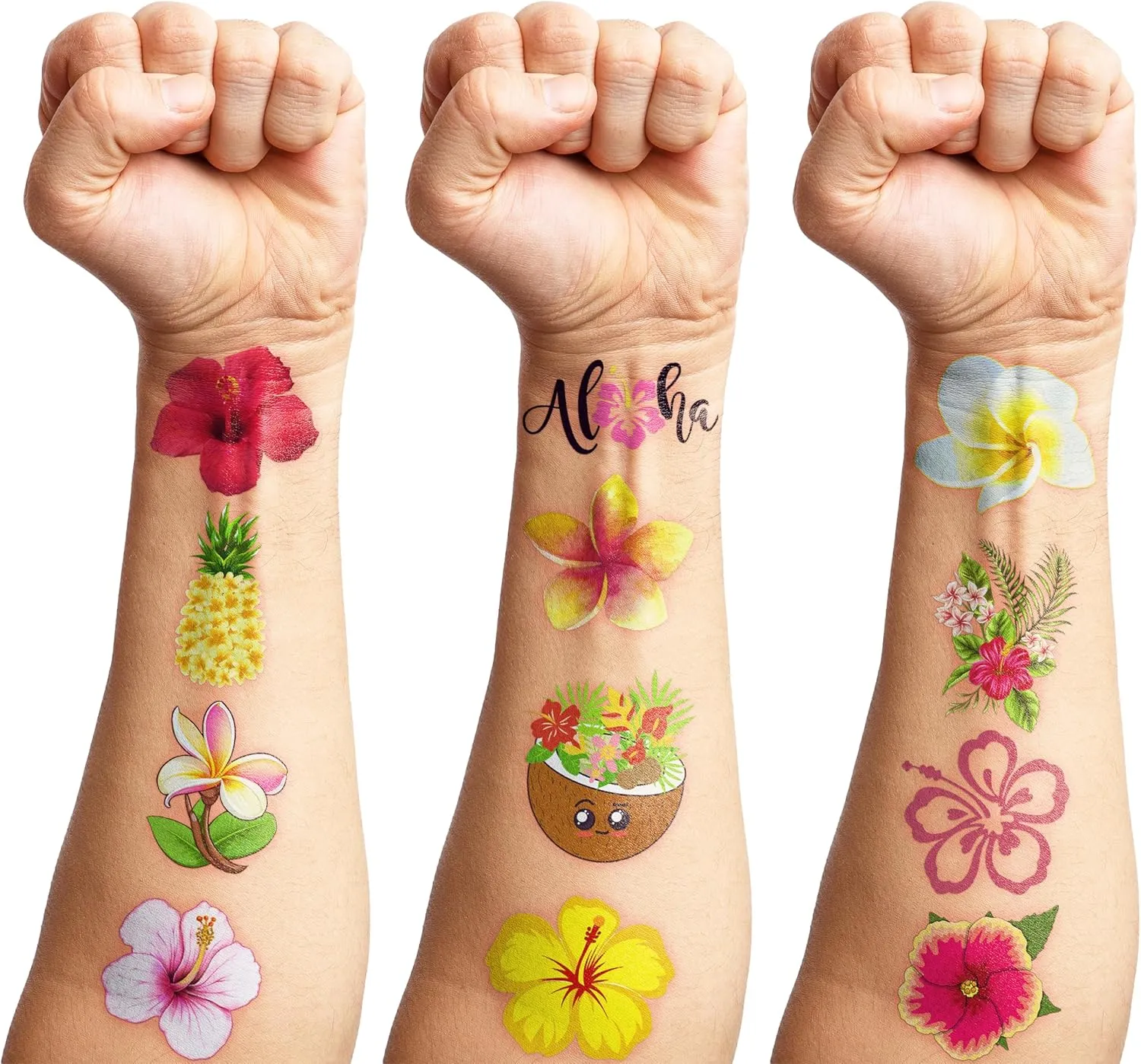 100 PCS Tropical Flower Hawaiian Temporary Tattoos Themed Birthday Party Decorations Favors Supplies Décor Cute Hibiscus Plumeria Hawaii Luau Tattoo Stickers Gifts For Game Boys Girls Classroom School
