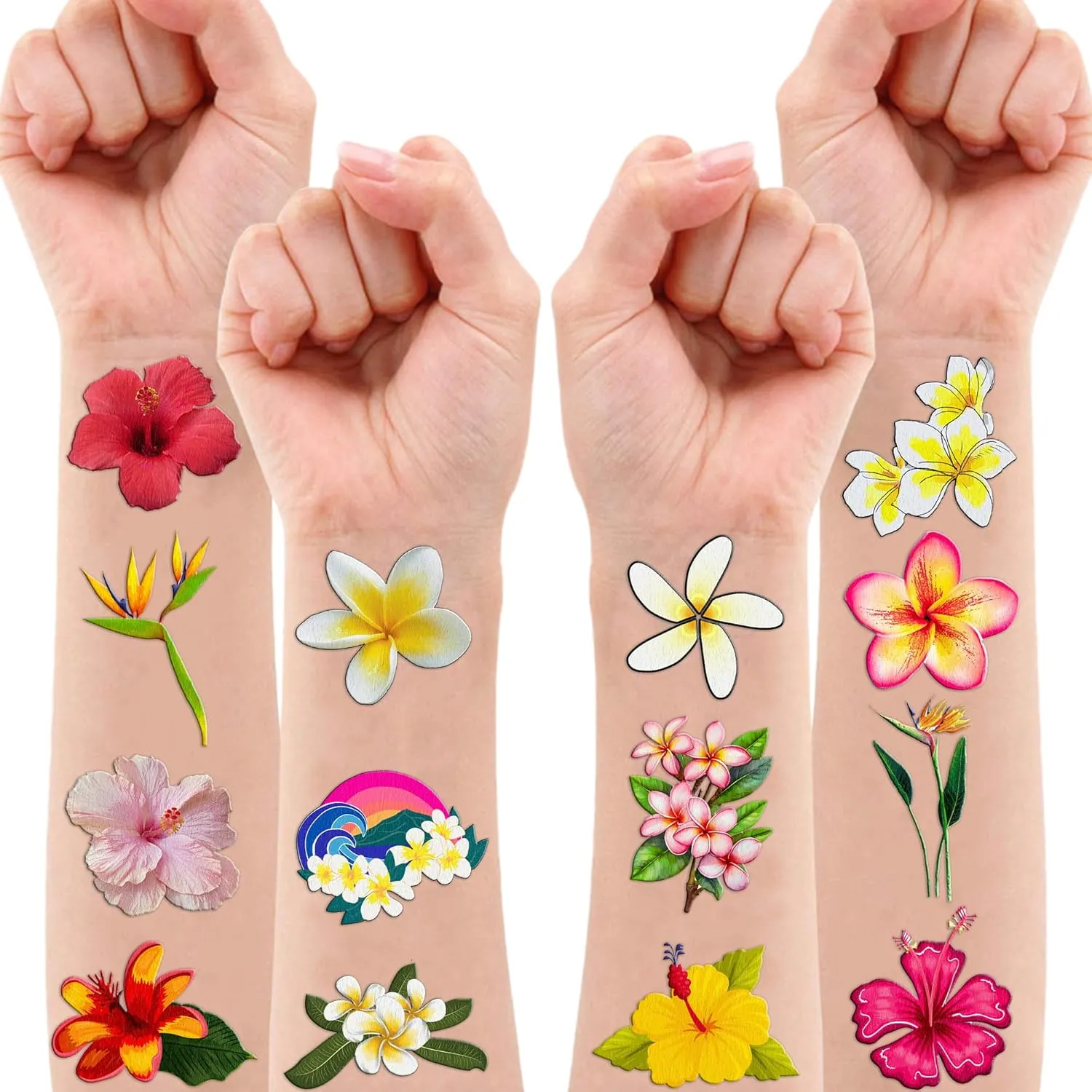 100 PCS Tropical Flower Hawaiian Temporary Tattoos Themed Birthday Party Decorations Favors Supplies Décor Cute Hibiscus Plumeria Hawaii Luau Tattoo Stickers Gifts For Game Boys Girls Classroom School