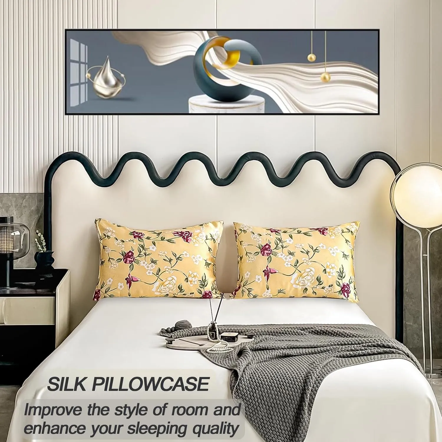 100% Pure Mulberry Silk Pillowcase Queen Size for Hair and Skin,Yellow Real Silk Pillow Cases with Zipper,Soft and Cooling,Both Sides Natural Slip Silk,Floral Print,1pc(20"x30", Pattern5)