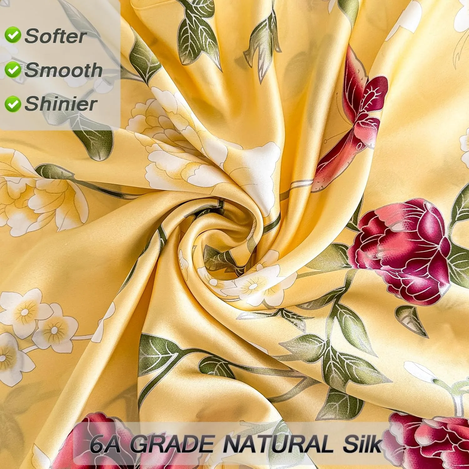100% Pure Mulberry Silk Pillowcase Queen Size for Hair and Skin,Yellow Real Silk Pillow Cases with Zipper,Soft and Cooling,Both Sides Natural Slip Silk,Floral Print,1pc(20"x30", Pattern5)