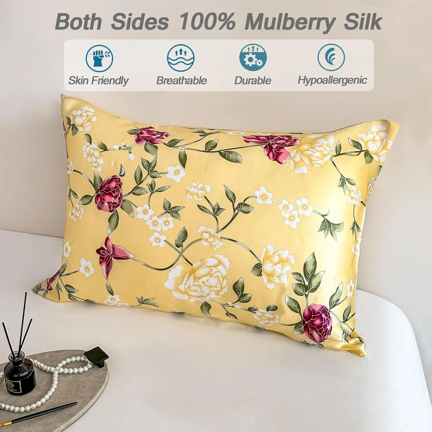 100% Pure Mulberry Silk Pillowcase Queen Size for Hair and Skin,Yellow Real Silk Pillow Cases with Zipper,Soft and Cooling,Both Sides Natural Slip Silk,Floral Print,1pc(20"x30", Pattern5)
