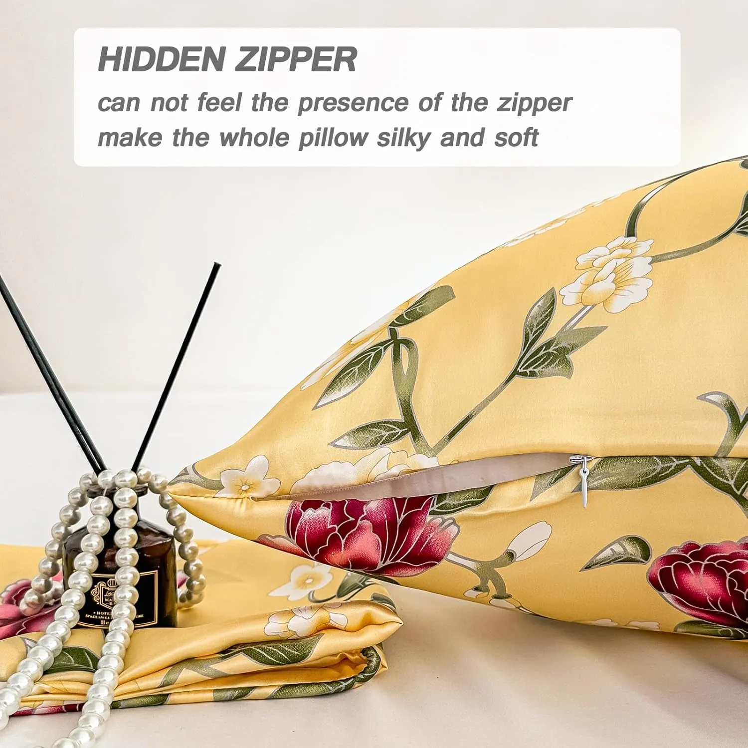 100% Pure Mulberry Silk Pillowcase Queen Size for Hair and Skin,Yellow Real Silk Pillow Cases with Zipper,Soft and Cooling,Both Sides Natural Slip Silk,Floral Print,1pc(20"x30", Pattern5)