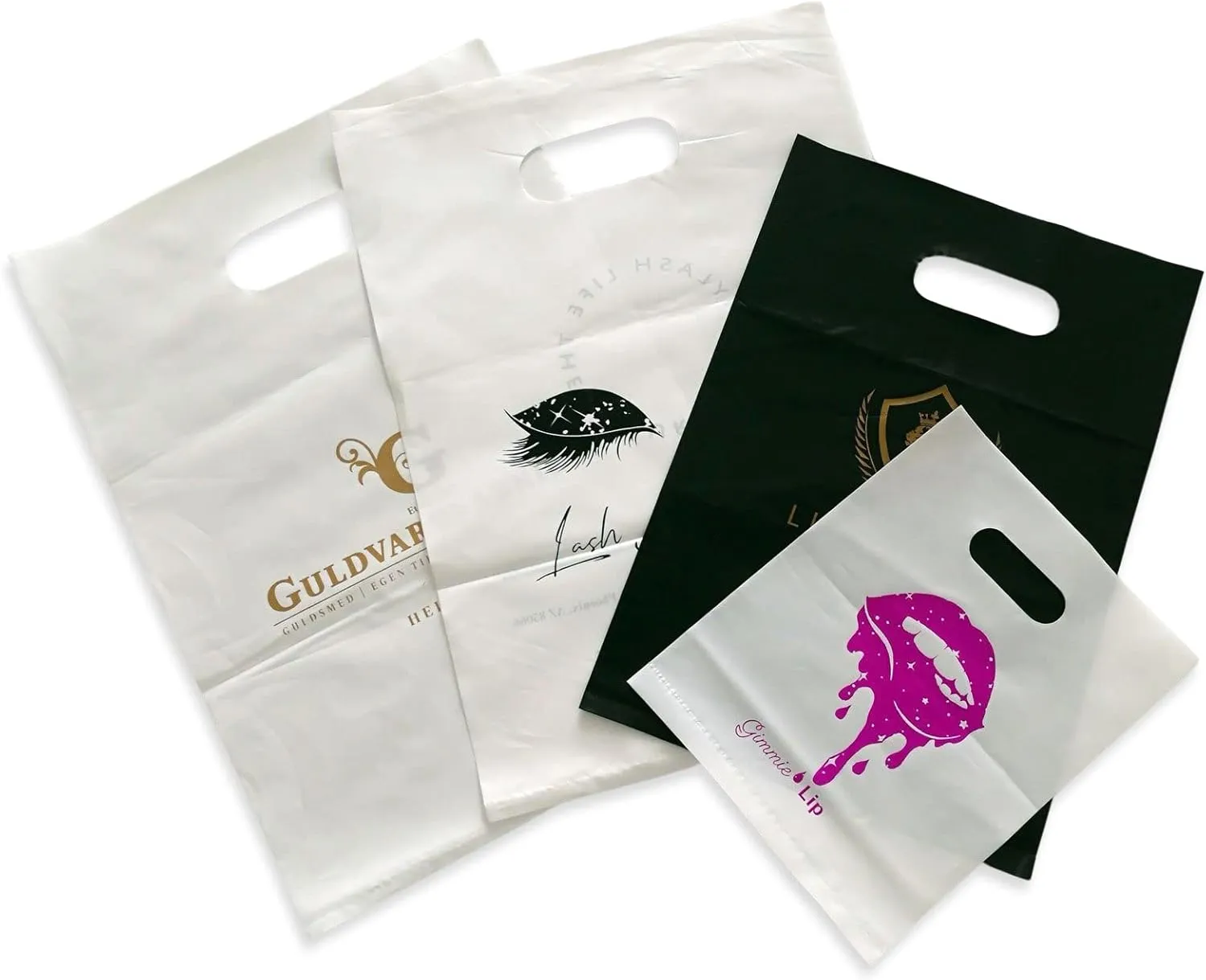 100 SALIFECO Custom Plastic Bags with Logo, 2.36Mil Personalized Shopping Bags with Die Cut Handles, Glossy Gift Bags for Small Business, Boutique, Retail, Trade Shows, Events, Parties (6x8In)