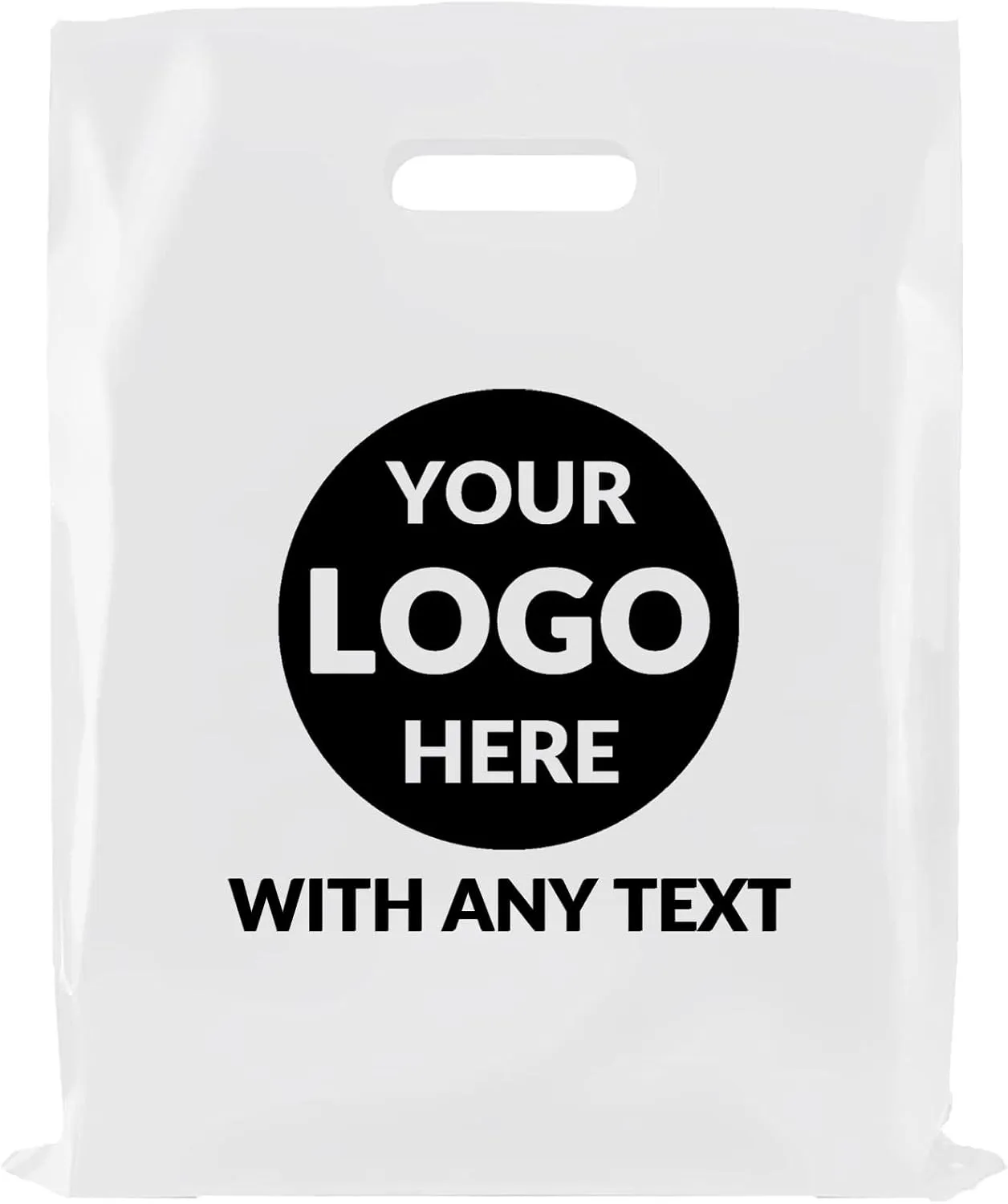 100 SALIFECO Custom Plastic Bags with Logo, 2.36Mil Personalized Shopping Bags with Die Cut Handles, Glossy Gift Bags for Small Business, Boutique, Retail, Trade Shows, Events, Parties (6x8In)