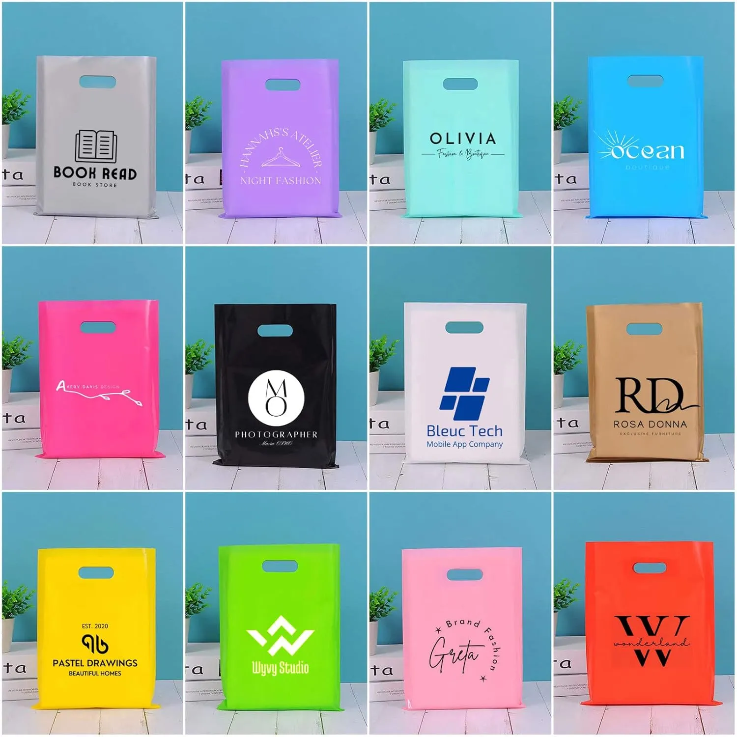 100 SALIFECO Custom Plastic Bags with Logo, 2.36Mil Personalized Shopping Bags with Die Cut Handles, Glossy Gift Bags for Small Business, Boutique, Retail, Trade Shows, Events, Parties (6x8In)