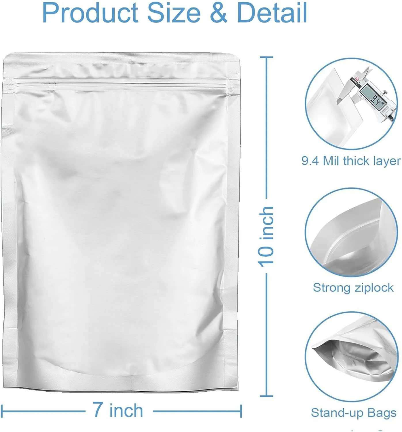 100pcs 1 QUART Mylar Bags for Food Storage - Thick 9.4 Mil - 7"x10" Stand-Up Zipper Pouches, Resealable and Heat Sealable Vacuum Sealing Mylar Bags for Long Term Food Storage