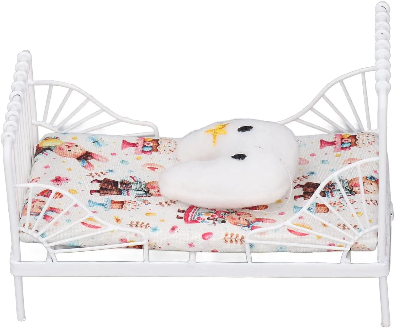 1:12 Scale Dollhouse Bed, Mini Bed Set Decorative Pillow Metal Frame Miniature Bed Dollhouse Furniture Miniature Dollhouse Decor White