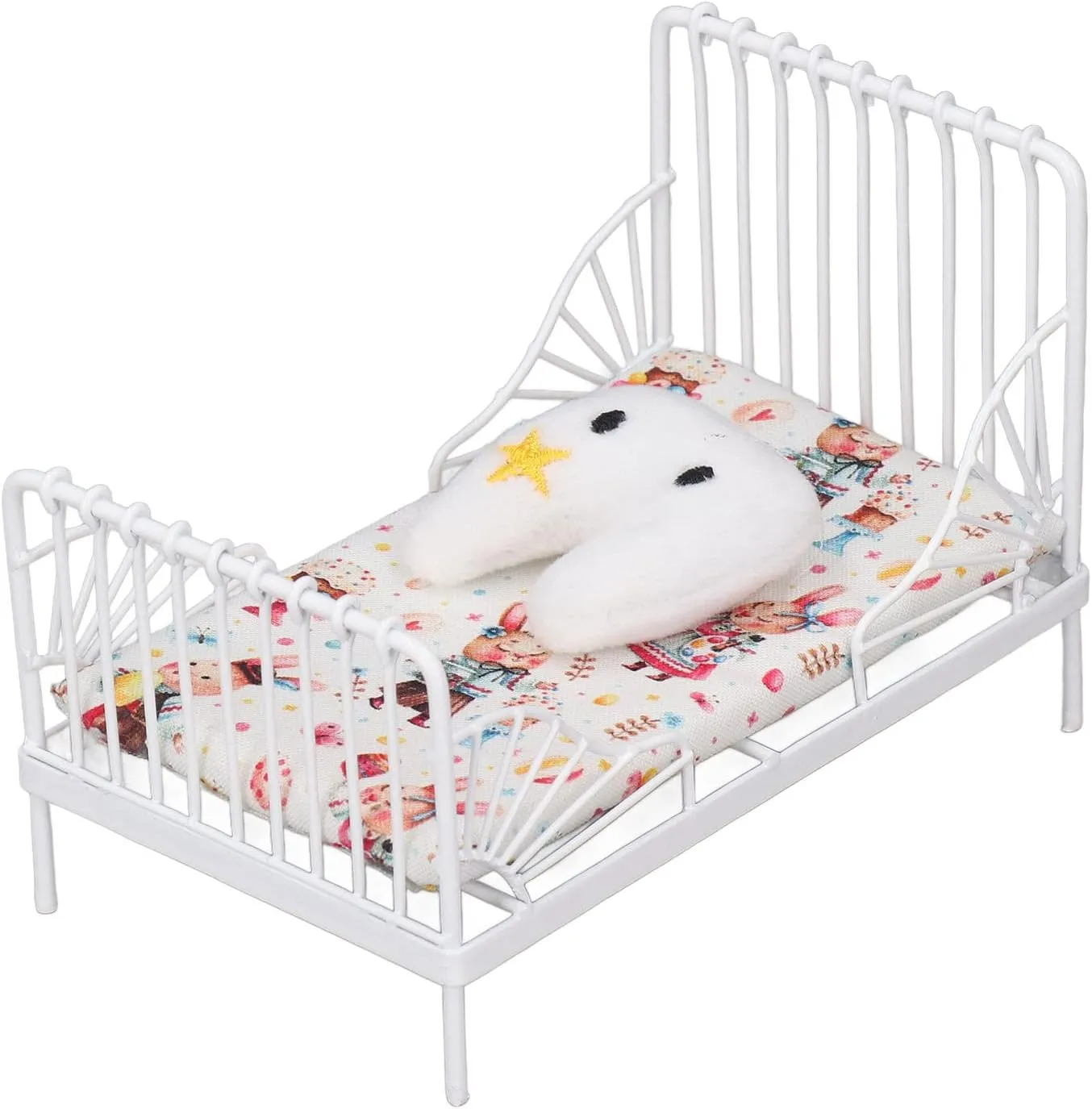 1:12 Scale Dollhouse Bed, Mini Bed Set Decorative Pillow Metal Frame Miniature Bed Dollhouse Furniture Miniature Dollhouse Decor White