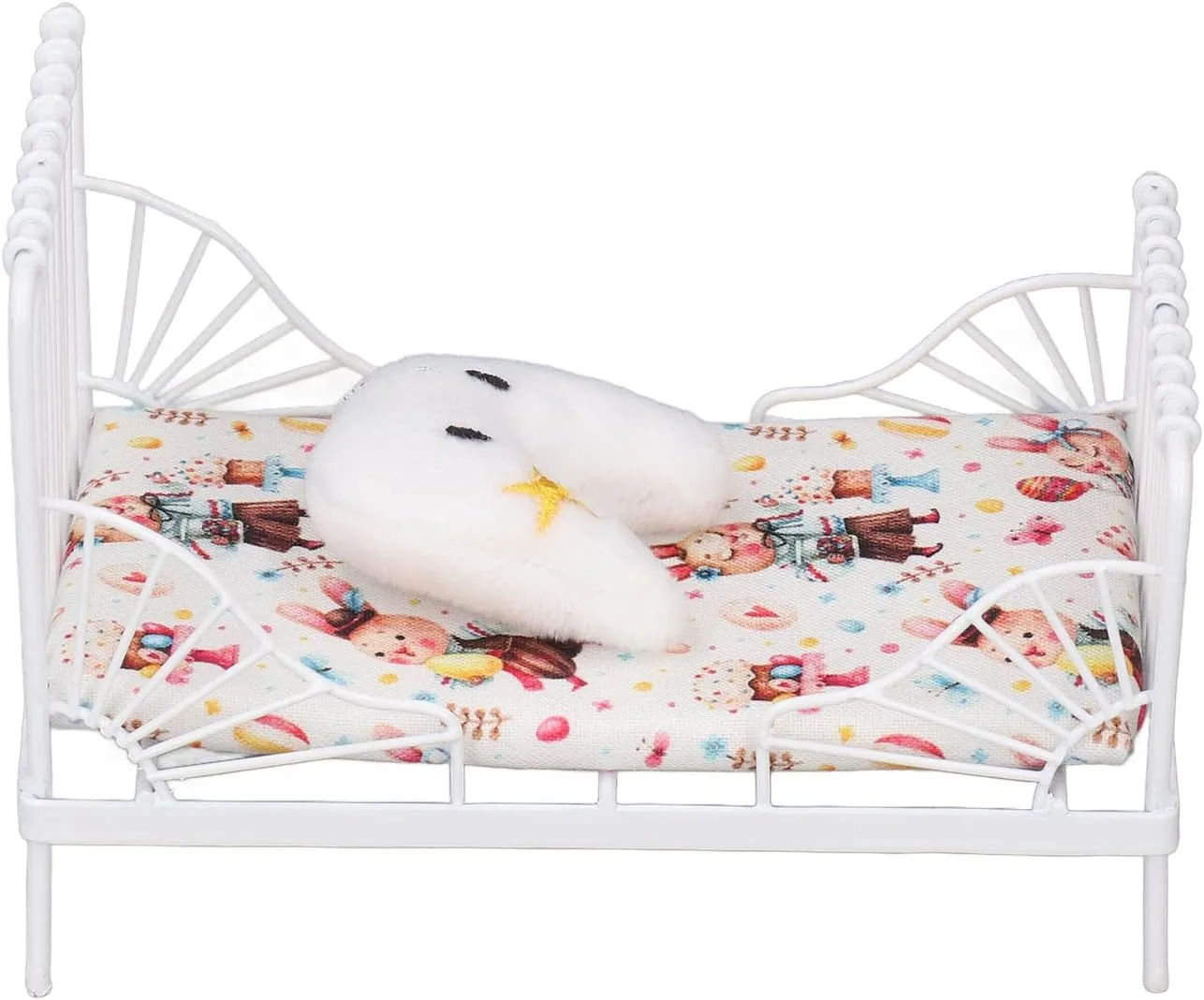 1:12 Scale Dollhouse Bed, Mini Bed Set Decorative Pillow Metal Frame Miniature Bed Dollhouse Furniture Miniature Dollhouse Decor White