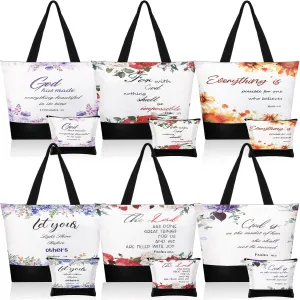 12 Pcs Christian Tote Bag For Women Religious Canvas Tote Bag Bulk Floral Bible Verse Tote Bag with Inspirational Makeup Bags Christmas Gifts for Mom Coworker Teacher Travel Birthday Graduation
