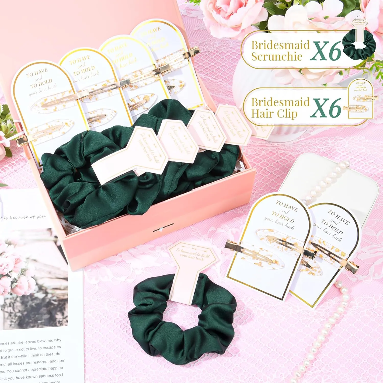 12 PCS Hair Accessories Bridesmaid Proposal Gifts, Including Gold Glitter Bridesmaid Hair Clips and Silk Satin Soft Bridesmaid Hair Scrunchies, Women's Wedding Favor
