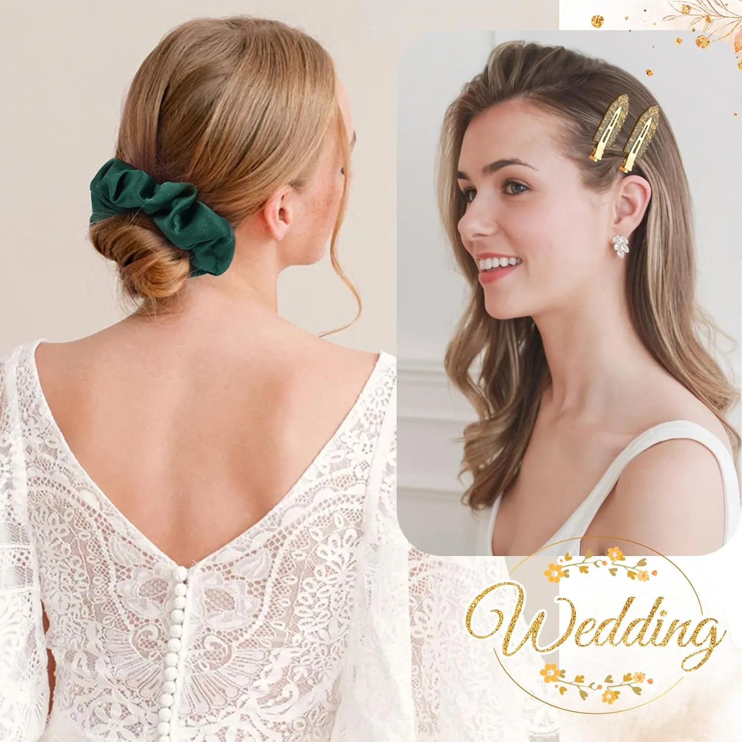 12 PCS Hair Accessories Bridesmaid Proposal Gifts, Including Gold Glitter Bridesmaid Hair Clips and Silk Satin Soft Bridesmaid Hair Scrunchies, Women's Wedding Favor