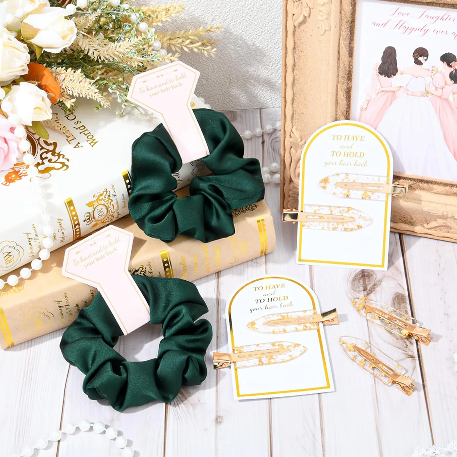 12 PCS Hair Accessories Bridesmaid Proposal Gifts, Including Gold Glitter Bridesmaid Hair Clips and Silk Satin Soft Bridesmaid Hair Scrunchies, Women's Wedding Favor