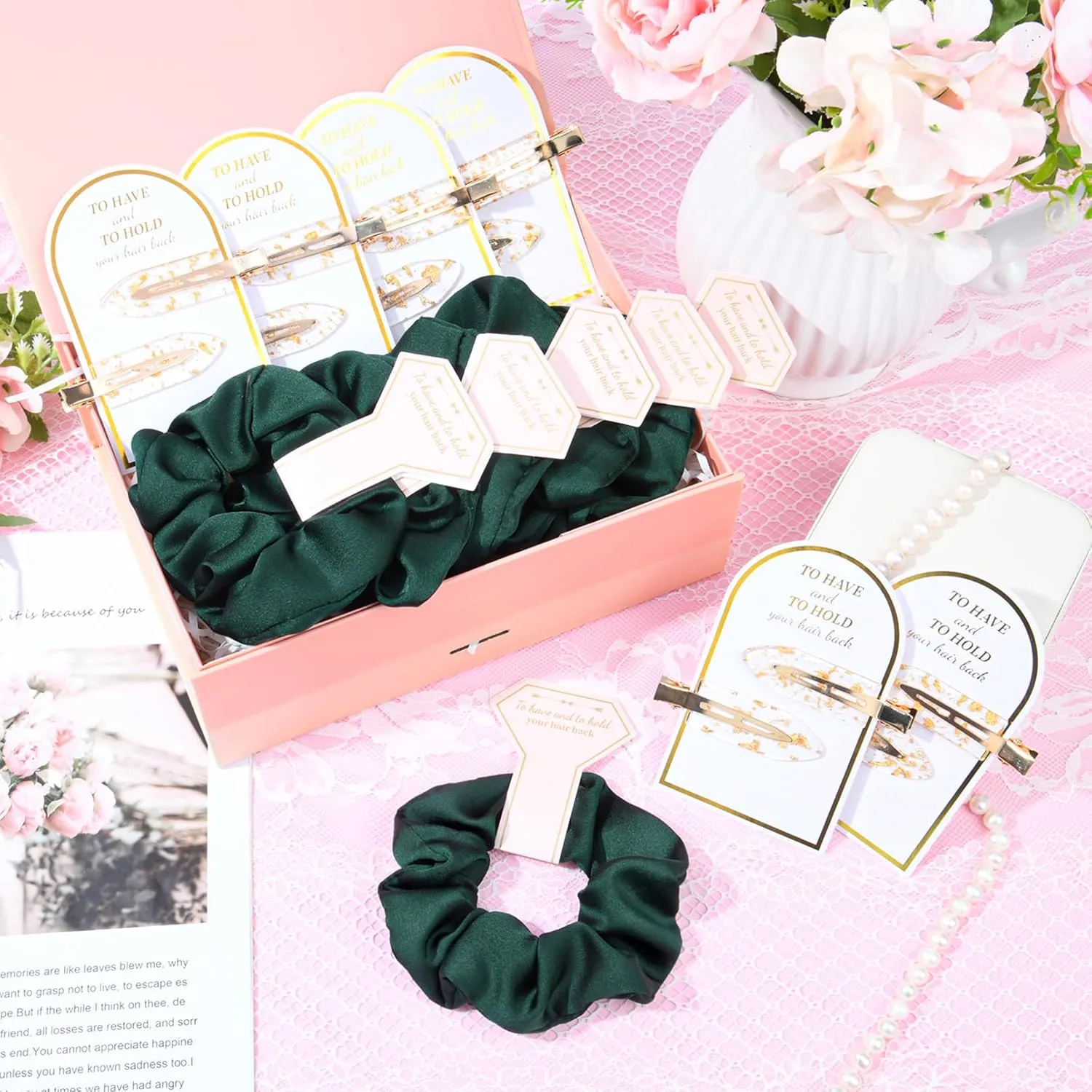 12 PCS Hair Accessories Bridesmaid Proposal Gifts, Including Gold Glitter Bridesmaid Hair Clips and Silk Satin Soft Bridesmaid Hair Scrunchies, Women's Wedding Favor