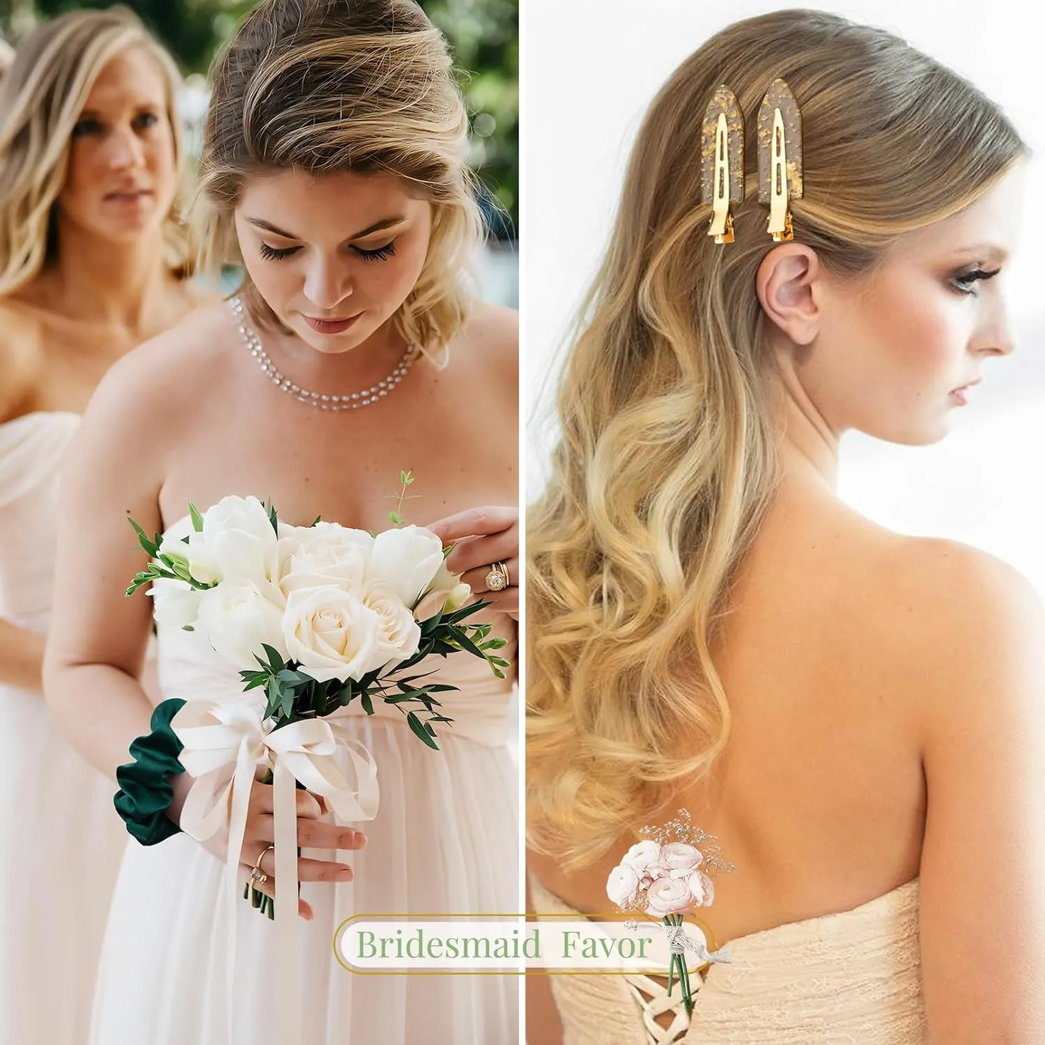 12 PCS Hair Accessories Bridesmaid Proposal Gifts, Including Gold Glitter Bridesmaid Hair Clips and Silk Satin Soft Bridesmaid Hair Scrunchies, Women's Wedding Favor