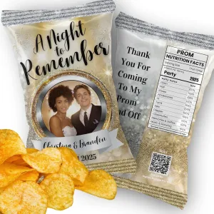 12 Personalized Prom Chip Bags – Custom Party Favor Wrappers with Photo & Name – A Night to Remember Theme – Prom 2025 Decorations – Glam & Gold Snack Wrappers – Prom Party Supplies & Favors