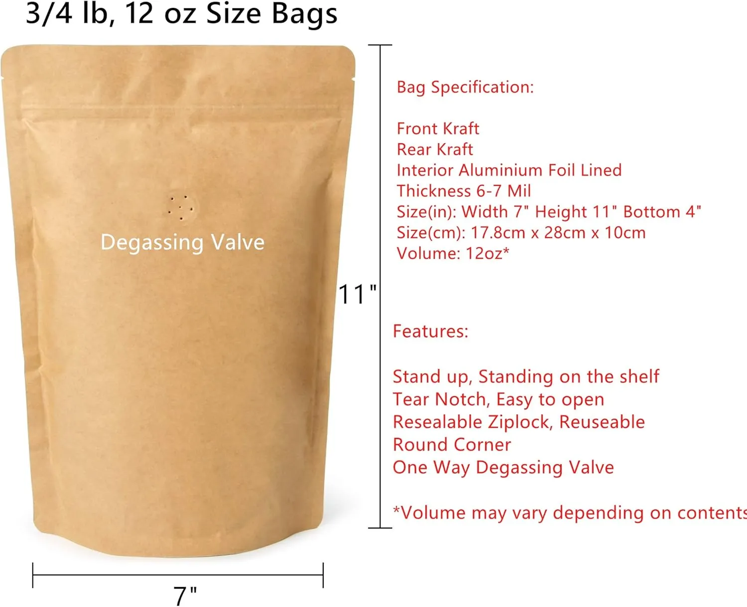 12oz Coffee Bags 100 Pieces - High Barrier Natural Kraft Paper Stand up Ziplock Pouches Bags with Valve & Zipper (100 Pcs, 12 Ounce/340 Gram/0.75 lb)